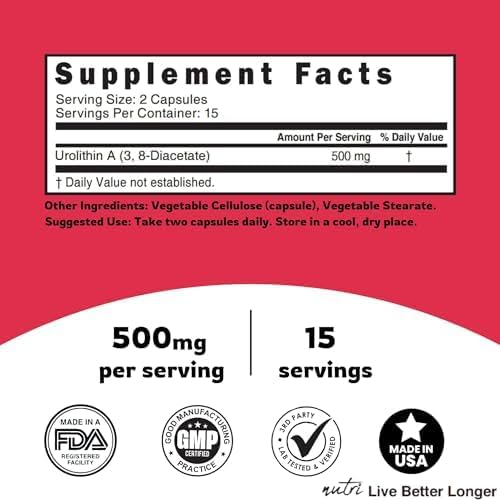 Nutri Urolithin A Supplement 500mg - Powerful Antioxidant, Health & Wellness Booster - 3rd Party Tested - 500 mg Urolithin A Diacetate - 30 Vegan Capsules 2 Week+ Supply - NSF cGMP Certified Facility