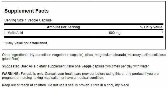 Swanson Malic Acid - Natural Supplement Promoting Cellular Energy Production - Supplement Formula to Help Nourish & Energizes Muscles - (100 Veggie Capsules, 600mg Each) (2 Pack)