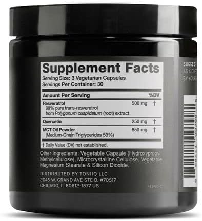 Toniiq 1600mg Resveratrol Blend - Ultra High Purity and 3rd Party Tested - with MCT Oil for Added Bioavailability - Optimal NAD Supplement