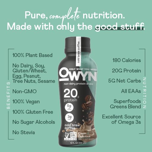 OWYN Only What You Need Cold Brew Coffee Flavored Protein Shake, 20g Protein, 4g Sugar, 3g Fiber, Dairy Free, Plant Based Protein Drink, 12 Count