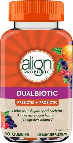 Align Dualbiotic, Prebiotics and Probiotics for Women and Men, Probiotics for Digestive Health, Prebiotics Help Nourish Good Bacteria, Natural Fruit Flavors, 60 Probiotic Gummies (Pack of 12)