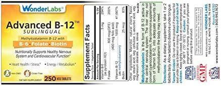 Wonder Laboratories Sublingual Vitamin B12 (1000 mcg), B6 (5mg), Folic Acid(400 mcg) & Biotin (25mcg) - Formulated with Methylcobalamin Vitamin B-12 (250 Tablets)
