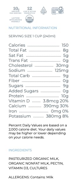 Lifeway Organic Whole Milk Kefir - 10g Protein, 12 Live Active Probiotic Cultures, Up to 99% Lactose Free, Gluten Free - Plain, 32 oz