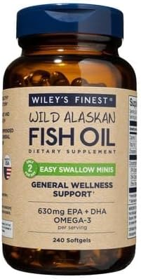 Wiley's Finest Wild Alaskan Fish Oil Easy Swallow Minis - Omega-3 Fish Oil Supplement for Adults and Kids - Double-Strength 630mg EPA and DHA Natural Supplement - 240 Mini Softgels (120 Servings)