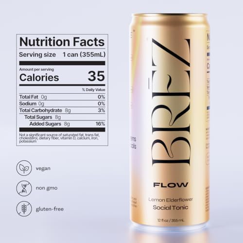 BRĒZ FLOW Lion’s Mane Mushroom Drink 8 Pack, Lemon Elderflower, Supports Mood & Focus, Non-Alcoholic Sparkling Adaptogen Drink, Functional Mushrooms, Feel Clear, Calm & Refreshed- 12 Fl oz Cans