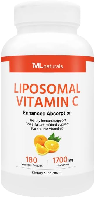 ML Naturals Liposomal Vitamin C - 1,700 mg per Serving, 180 Vegetable Capsules - High Potency Antioxidant Support - Gluten-Free