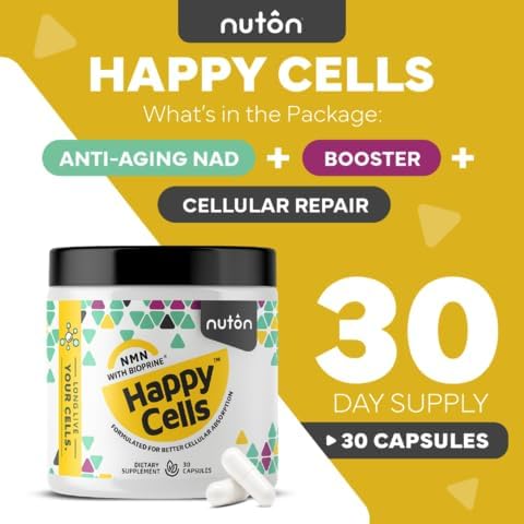 Nuton Happy Cells - NMN Supplement with Bioperine for Healthy Aging & Cellular Repair - NAD+ Supplement - Protects DNA, Promotes Skin Health & Brain Function - Vegan - Non-GMO Formula - 30 Capsules