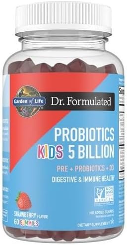 Garden of Life Dr Formulated 5 Billion CFU Prebiotic Fiber, Probiotic and Vitamin D3 for Kids Digestive & Immune Health – Gluten Free,Non GMO,No Added Sugars, Strawberry Flavor,60 Gummies,(Pack of 2)