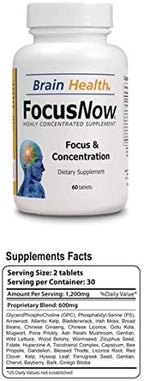 Focus Now - 100% Natural Dietary Supplement - Supports a Healthy Level of Focus, Concentration & Memory - 60 Brain Tablets