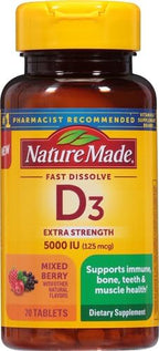 Nature Made Vitamin D3 5000 IU (125 mcg) Extra Strength, Vitamin D Supplement for Immune Support, 70 Sugar Free Fast Dissolve Tablets, 70 Day Supply, (Pack of 2)