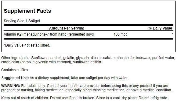 Swanson Vitamin K2 (Menaquinone-7) - Vitamin Supplement Supporting Cardiovascular and Bone Health - Made from Japanese Natto to Help Regulate Calcium - (30 Softgels, 100mcg Each)