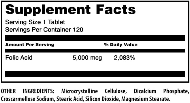 Amazing Formulas Folic Acid 5000 Mcg per Serving | Tablets Supplement | Non-GMO | Gluten-Free | Made in USA (1 Pack | 120 Count)