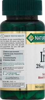 Nature’s Bounty Gentle Iron 28 mg Capsules with Vitamin C, Folic Acid, Vitamin B-12 Iron Supplement, Non-GMO, Gluten-Free, 90 Count