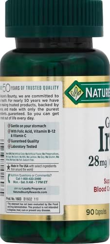Nature’s Bounty Gentle Iron 28 mg Capsules with Vitamin C, Folic Acid, Vitamin B-12 Iron Supplement, Non-GMO, Gluten-Free, 90 Count