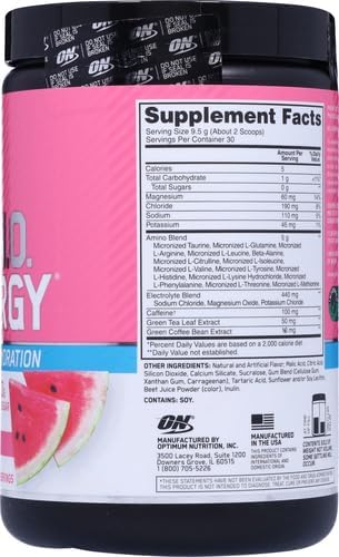 Optimum Nutrition Amino Energy Powder Plus Focus, with BCAA, Electrolytes, and Caffeine, Watermelon, 30 Servings (Packaging May Vary) (Pack of 6)