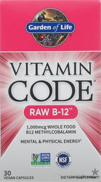 Garden of Life Vitamin Code Raw B-12-30 Capsules, 1,000mcg Whole Food B12 Methylcobalamin for Energy, Vegan Methylcobalamin Vitamin Plus Probiotics and Enzymes, Gluten Free Supplements (Pack of 6)