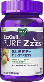 ZzzQuil Pure Zzzs De-Stress 2mg Melatonin Gummies,Sleep Aids for Adults,Ashwagandha for Stress Support,60 Gummies,(Pack of 2)