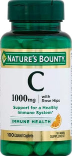 Nature's Bounty Vitamin C + Rose HIPS,Immune Support,1000mg Vitamin C,Coated Caplets,1 Serving per Day,Vegetarian Caplets,100 Ct,(Pack of 2)