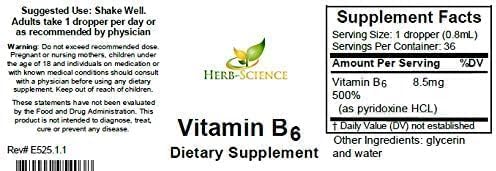Liquid Vitamin B6 Drops - Pyridoxine Extract Dietary Supplement to Support Brain Function, Immunity, Nervous System, Heart Health, Metabolism - 500% DV, 36 Servings per Bottle - 1 fl. oz.