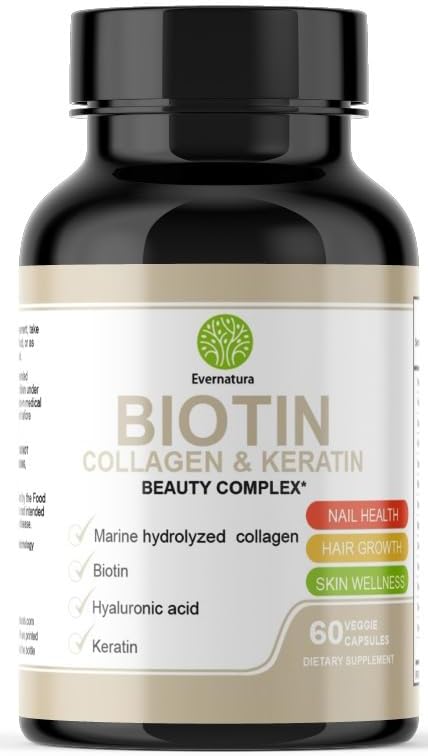 Evernatura Biotin Complex with Collagen, Keratin & Hyaluronic Acid, 120 Veggie Capsules, 25,000 Beauty Complex for Hair, Skin & Nail Health (1)