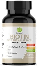 Evernatura Biotin Complex with Collagen, Keratin & Hyaluronic Acid, 120 Veggie Capsules, 25,000 Beauty Complex for Hair, Skin & Nail Health (1)