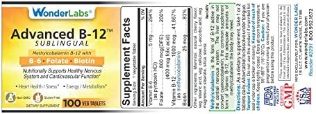 Wonder Laboratories Sublingual Vitamin B12 (1000 mcg), B6 (5mg), Folic Acid(400 mcg) & Biotin (25mcg) - Formulated with Methylcobalamin Vitamin B-12 (100 Tablets)