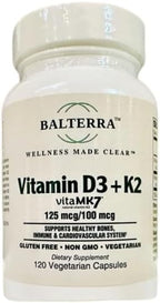 Vitamin D3 + K2 by Balterra – Bone, Immune & Heart Support Supplement