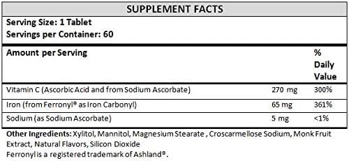Chewable Carbonyl Iron 65mg with 270mg Vitamin C – Bariatric Friendly Tablet (Non-Gummy), Sugar-Free Orange Flavor - Iron Supplement – 60 Tablets (60 Day Supply)