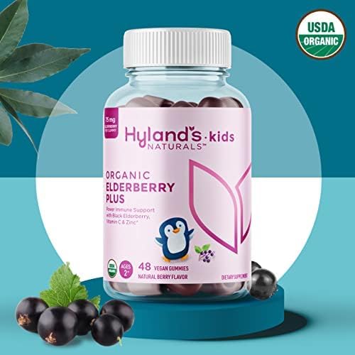 Hyland's Kids Organic Elderberry Plus Gummies, Organic Black Elderberry with ZINC and Vitamin C, Immune Support for Children, 48 Vegan Gummies