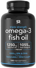 Sports Research Triple Strength Omega 3 Fish Oil - Burpless Fish Oil Supplement w/EPA & DHA Fatty Acids from Wild Caught Fish - Heart, Brain & Immune Support for Men & Women - 1250 mg, 150 ct