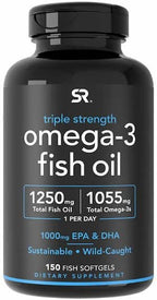 Sports Research Triple Strength Omega 3 Fish Oil - Burpless Fish Oil Supplement w/EPA & DHA Fatty Acids from Wild Caught Fish - Heart, Brain & Immune Support for Men & Women - 1250 mg, 150 ct