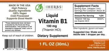 Vitamin B1 Liquid Drops Supplement – Thiamine HCl 100mg – Vitamin B1 Liquid for Energy Metabolism Nervous System Support – Thiamine Liquid Vitamins for Adults – 1 fl oz