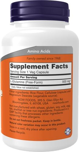 NOW Foods Supplements, L-Glutamine 500 mg, Nitrogen Transporter*, Amino Acid, 120 Veg Capsules, (Pack of 2)