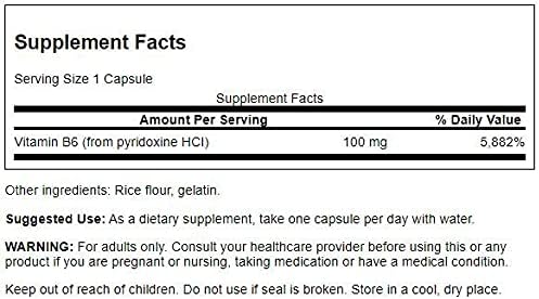 Swanson B6 Pyridoxine - Vitamin Supplement Promoting Cardiovascular Health & Energy Metabolism - Natural Formula Promoting Overall Wellness - (250 Capsules, 100mg Each)