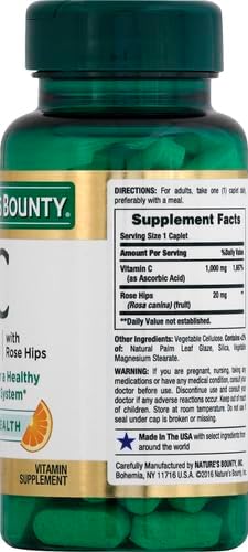 Nature's Bounty Vitamin C + Rose HIPS,Immune Support,1000mg Vitamin C,Coated Caplets,1 Serving per Day,Vegetarian Caplets,100 Ct,(Pack of 2)