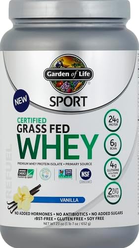 Garden of Life Sport Grass Fed Whey Protein Powder – 24g Whey Protein Isolate for Women & Men with Probiotics & Glutamine,Non-GMO, Gluten-Free,Cold-Processed, Vanilla Flavor, 20 Servings, (Pack of 6)
