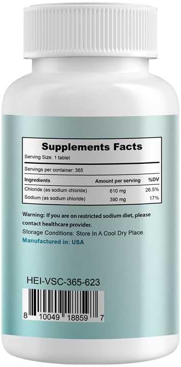Heivy Sodium Chloride Tablets 1000mg - Pure Salt Tablets, 365 Tablets, Sodium Chloride, Non-GMO - Electrolyte Balance and Hydration Support, Electrolytes Replenisher Hydration Drink