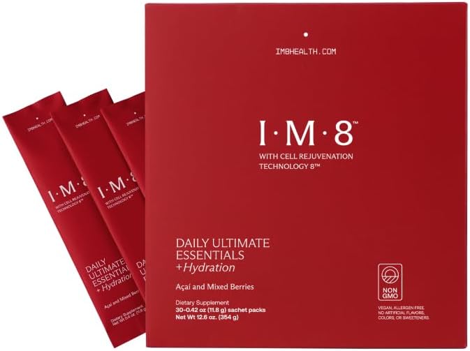 IM8 Daily Ultimate Essentials All-in-One Multivitamin Supplement Travel Packs, 92 Nutrient Rich Ingredients CoQ10, Probiotics, Vitamins, Greens, Gluten Free, Vegan, Acai Mixed Berry, 30 Servings