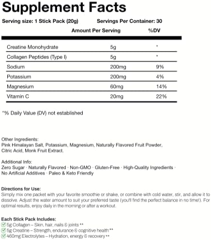 DAILY TRIFECTA 3-in-1 Collagen, Creatine & Electrolyte Stick Packs | Type I Collagen, Creatine Monohydrate, Zero Sugar | 30 Natural Single-Serve Packets | Strength, Hydration & Recovery (Grape)
