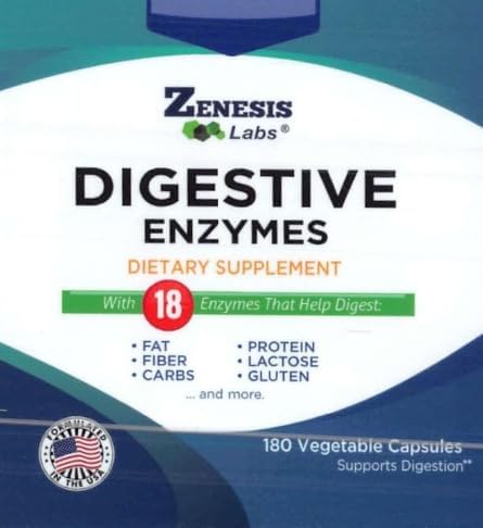 Zenesis Labs Digestive Enzymes - with Amylase, Bromelain, Protease, Lipase, & 14 Other Enzymes - 180