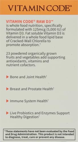 Garden of Life Vitamin D3 5000 IU, Raw Whole Food Supplements with Chlorella, Fruit, Veggies & Probiotics for Bone & Immune Health, 60 Vegetarian Capsules (Pack of 6)