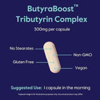 BESTVITE ButyraBoost 300mg Tributyrin Complex (60 Vegetarian Capsules) - No Stearates - Vegan - Non GMO - Gluten Free - Butyrate Gut Health Supplement