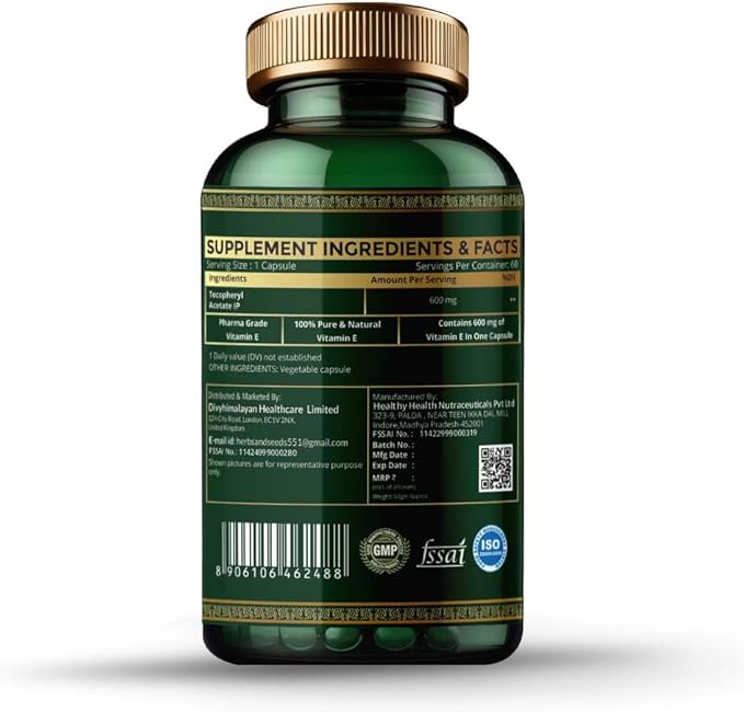Divya Himalayan Herbs & Seeds 100% Natural Vitamin E Supplement Capsules 600mg (D-Alpha-Tocopherol) Supplement Promotes Skin Health & Nails Health for Women Men Girls - 60 Capsules