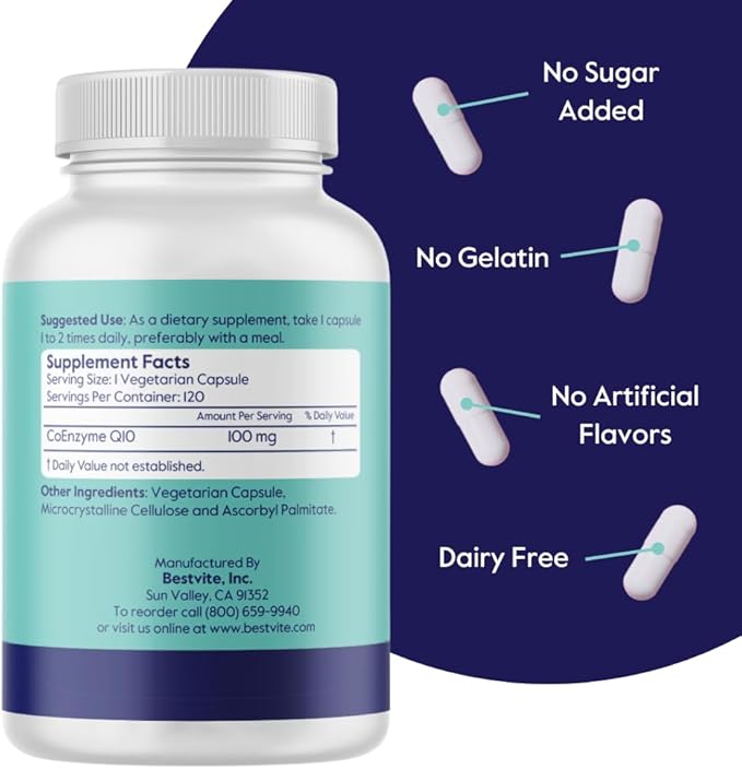 BESTVITE Coenzyme CoQ10 100mg (240 Vegetarian Capsules) (2-Pack) Naturally Fermented - No Stearates - No Fillers - Vegan - Non GMO - Gluten Free