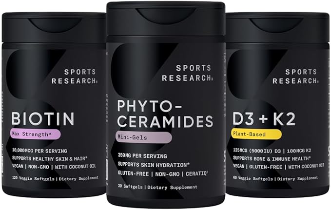 Sports Research Skin Health Bundle - Vitamin D3 K2 with Coconut Oil, Vegan Biotin 10,000mcg with Coconut Oil & Phytoceramides 350mg per Softgel Plant Derived Ceramides for Healthy Skin and Hydration