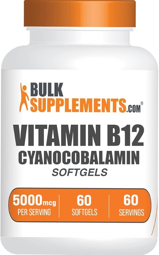BulkSupplements.com Vitamin B12 5000 mcg Softgels - as Cyanocobalamin, Vitamin B12 Supplements, for Energy Support - Gluten Free, 1 Softgel per Serving, 60 Count (Pack of 1)