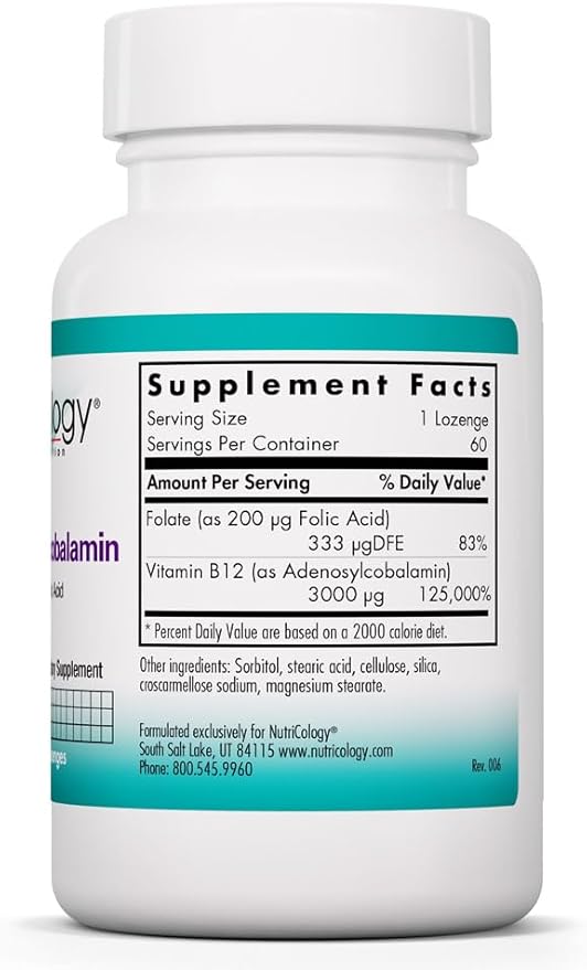 Nutricology B12 Adenosylcobalamin Supplement - with Folic Acid, Vitamin B12 3000 mcg, Folate, Pure B12, Vegetarian Lozenges - 60 Count