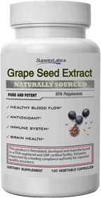 Superior Labs Grape Seed Extract, 400mg, 120 Vegetable Capsules, 95% Polyphenols, High Antioxidant Content, Healthy Blood Flow, Supports Immune System and Brain Health