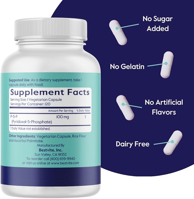 BESTVITE P-5-P 100mg (120 Vegetarian Capsules) (CoEnzymated Form of B-6) - No Stearates - Vegan - Non GMO - Gluten Free - No Silicon Dioxide - No Gelatin