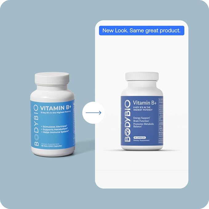BodyBio - Vitamin B Complex Including B1, B2, B3, B5, B6, Methyl B12, Folinic Acid, 5-MTHF, and B7 to Supports Alertness, Metabolism & Immune System, 90 Capsules